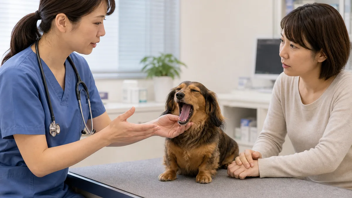あくびや口の違和感について動物病院で相談する犬と飼い主