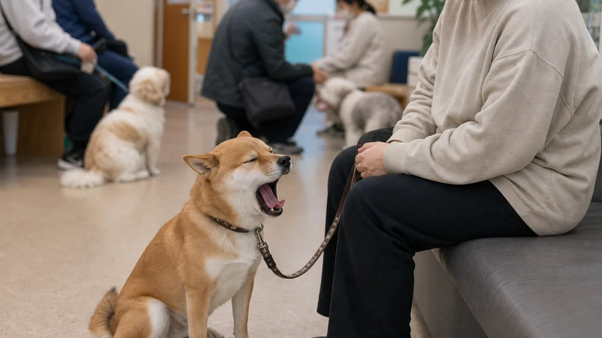 動物病院の待合室で緊張してあくびをする犬