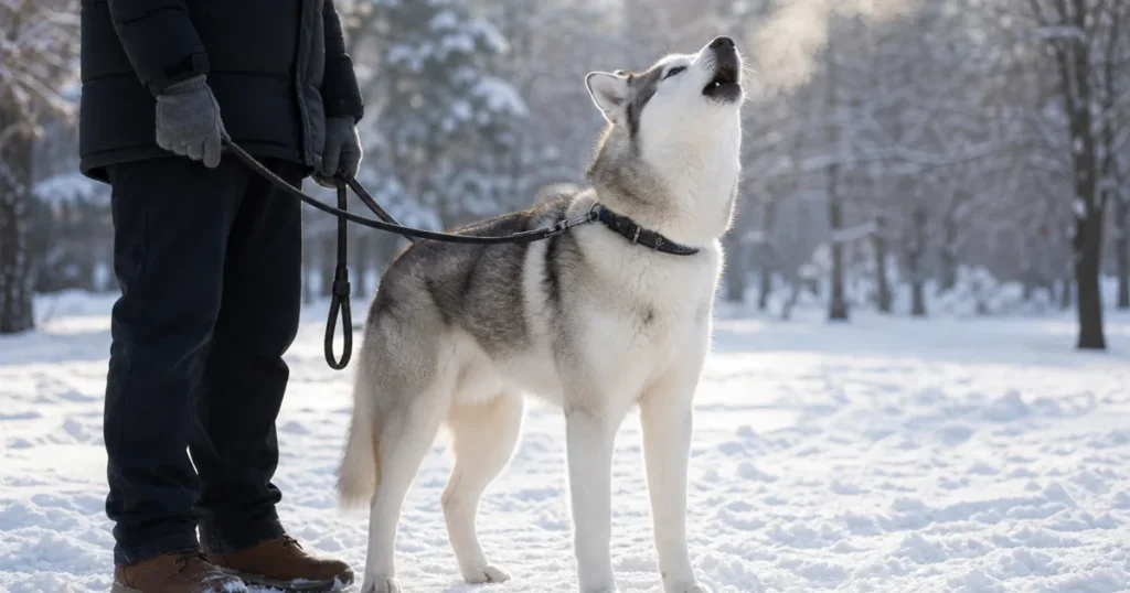 雪の公園で穏やかに遠吠えするシベリアンハスキー