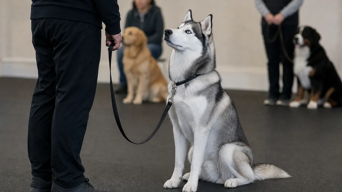 トレーニングで飼い主に集中するシベリアンハスキー
