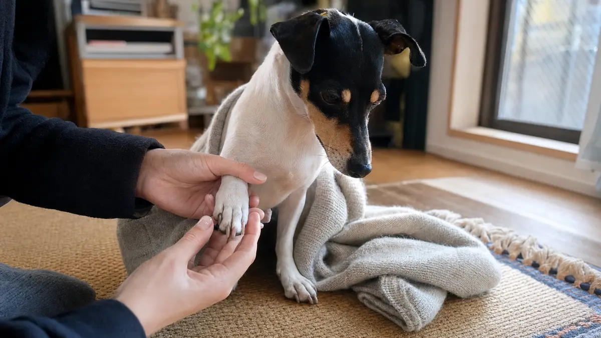 室内で足先を確認される短毛の日本テリア