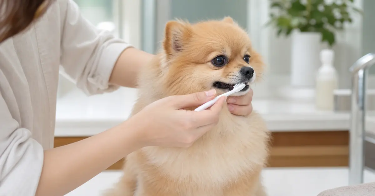 ポメラニアンの歯みがきをやさしく練習する飼い主