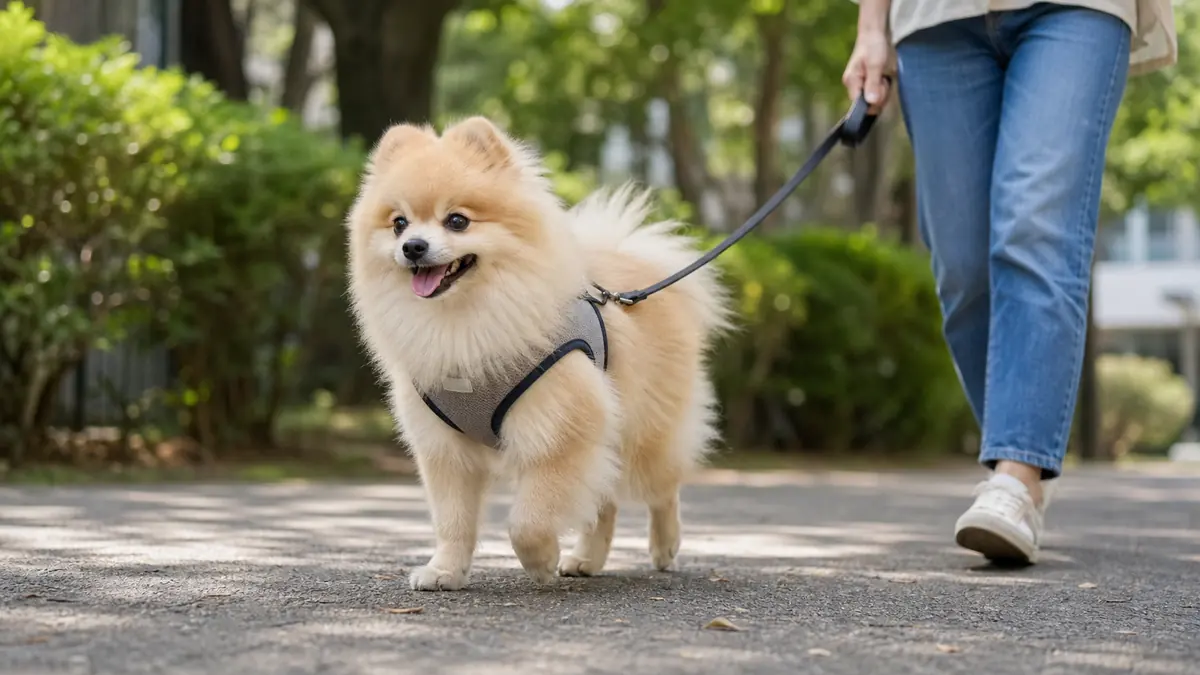 ハーネスで首への負担を減らして散歩するポメラニアン
