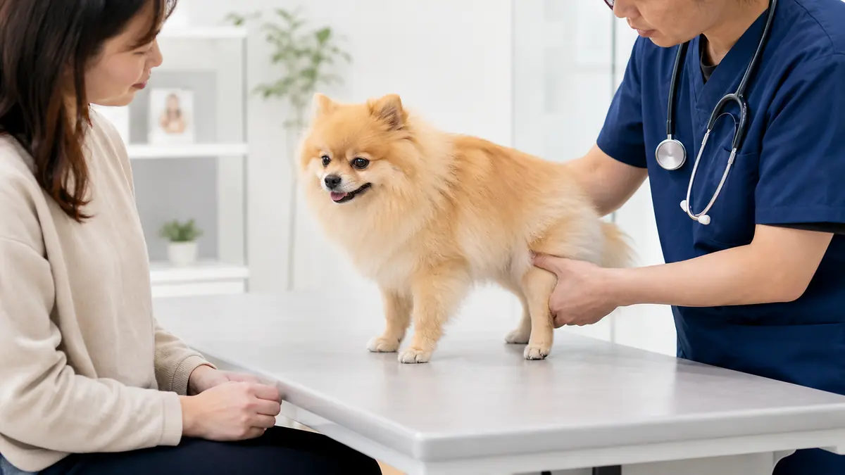 動物病院でポメラニアンの膝と歩き方を確認する様子