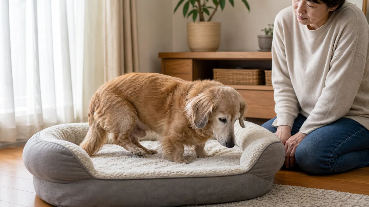 シニア犬が体に合うベッドでゆっくり向きを変える様子