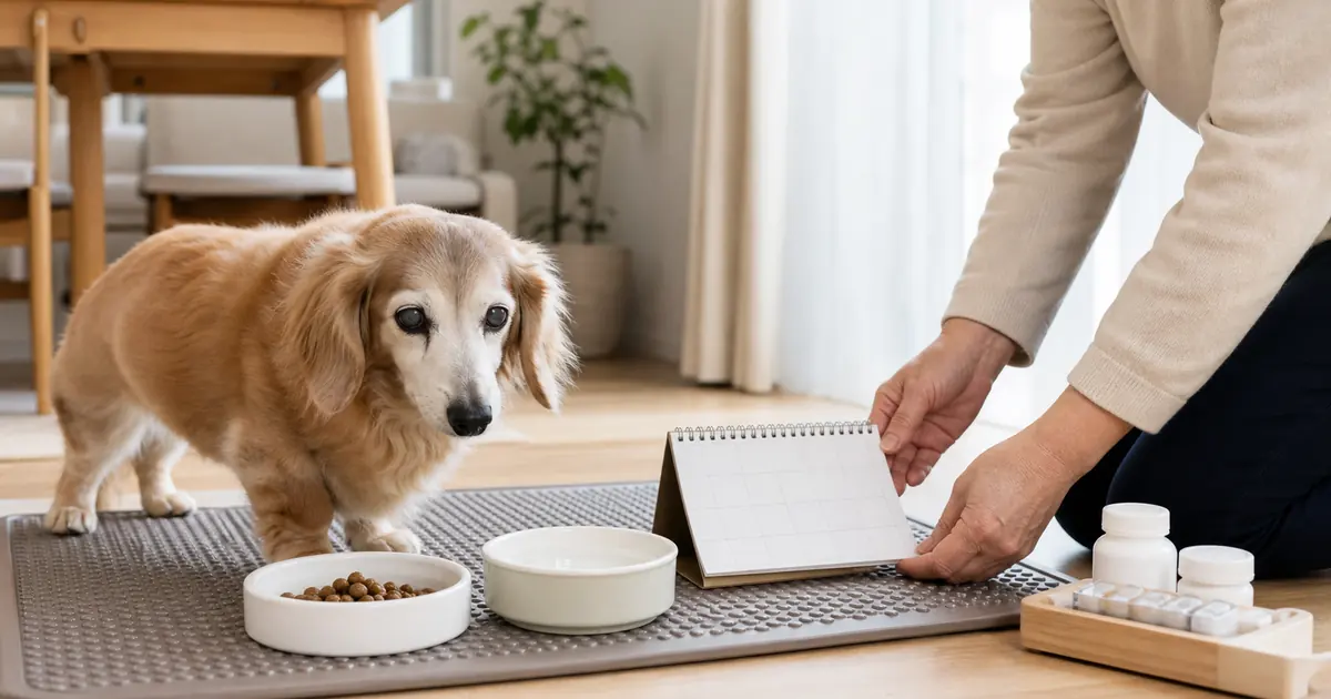 滑りにくいマットの上でシニア犬の日常ケアを整える様子