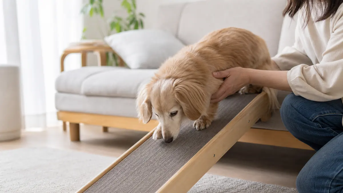 低いスロープを使ってシニア犬の段差負担を減らす様子