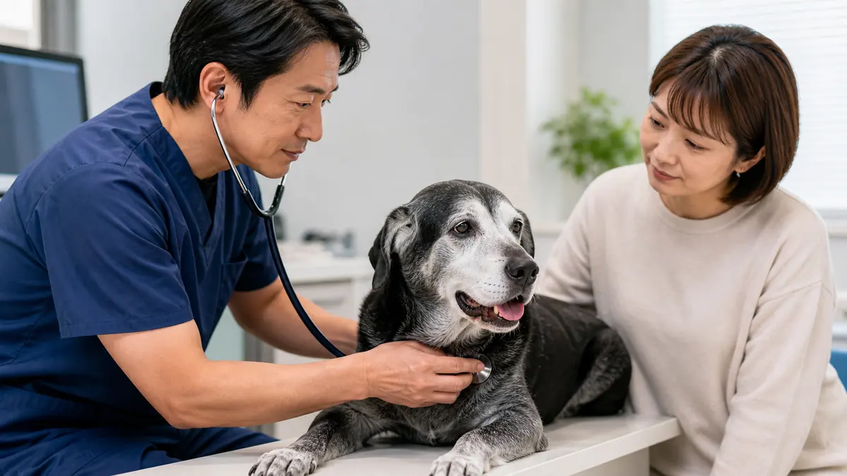 動物病院でシニア犬の健康チェックを受ける様子