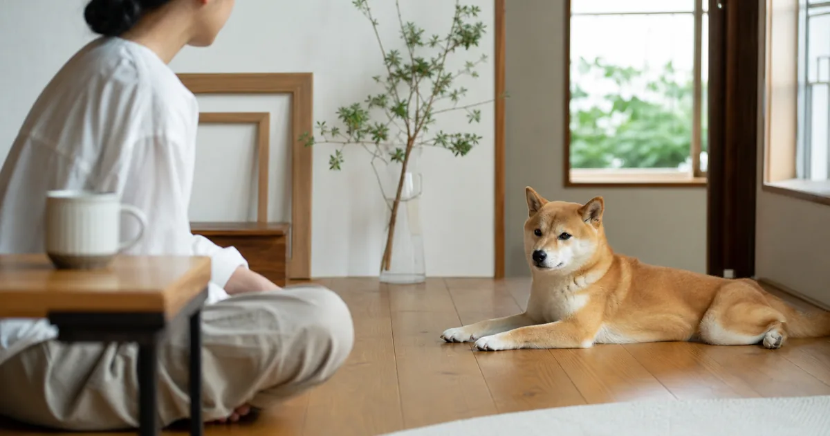 飼い主の近くで少し距離を取って休む柴犬