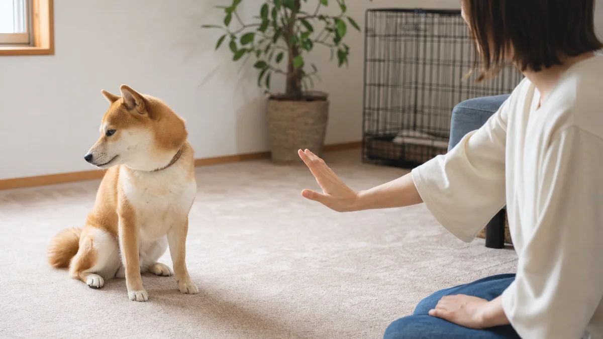室内で落ち着いて視線を外す柴犬