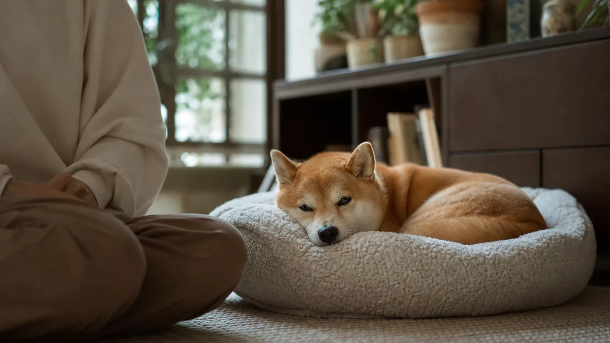 静かな居場所で休む柴犬と近くにいる飼い主