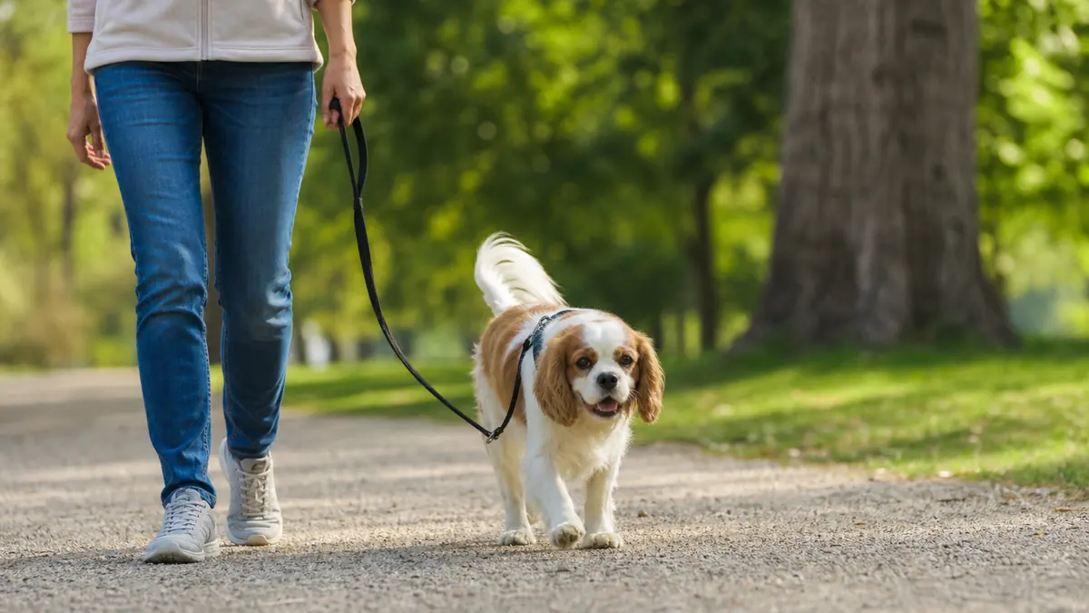 平らな公園の道をゆっくり散歩する小型犬と飼い主。