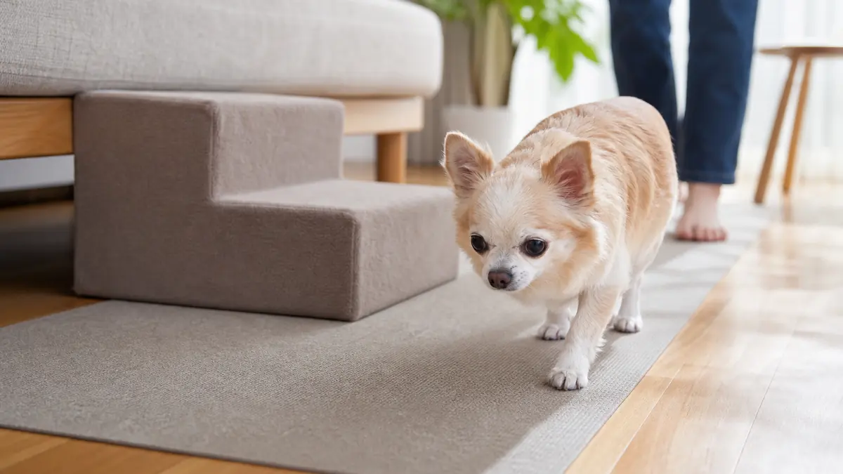 滑りにくいラグと低いペットステップのそばを歩く小型犬。