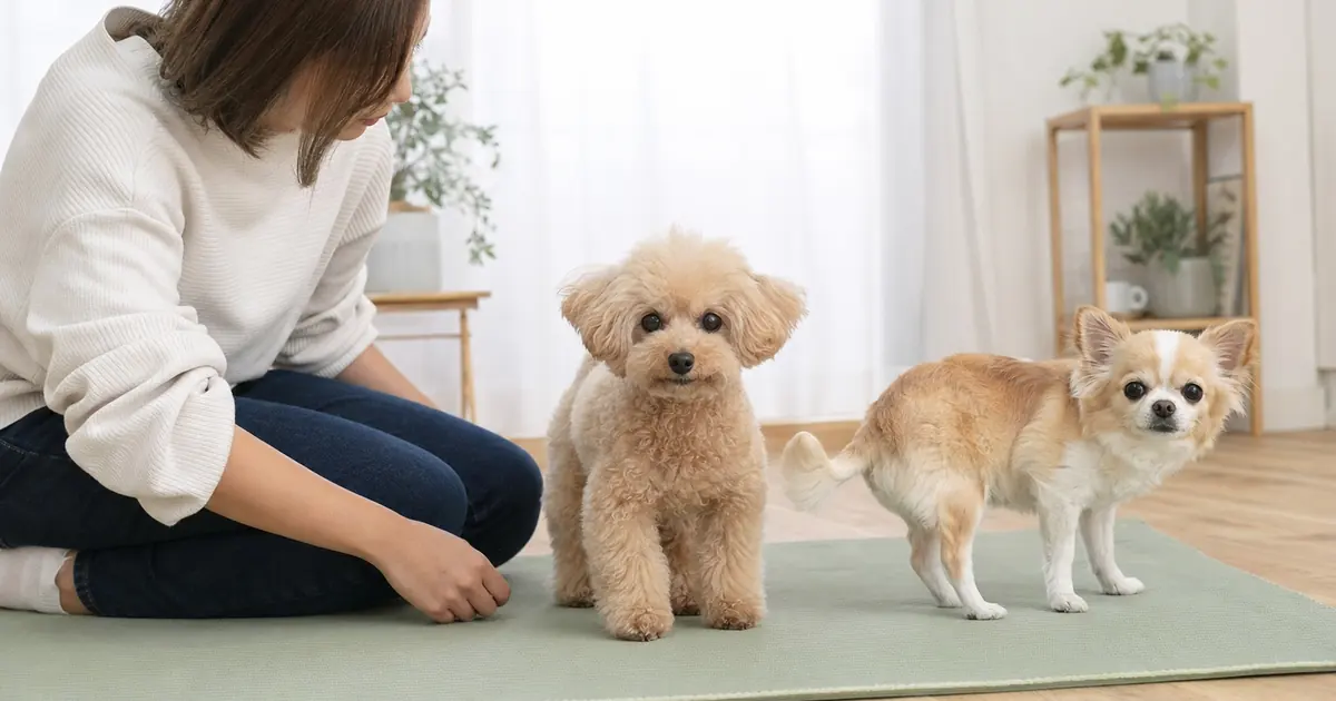 滑りにくいマットの上で小型犬の後ろ足の様子を見守る飼い主。