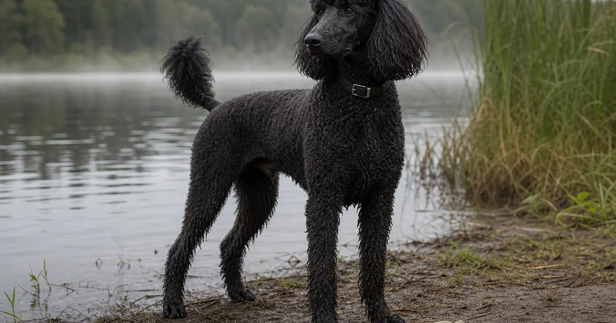 湖畔で水鳥猟犬らしい姿勢を見せる黒いスタンダード・プードル