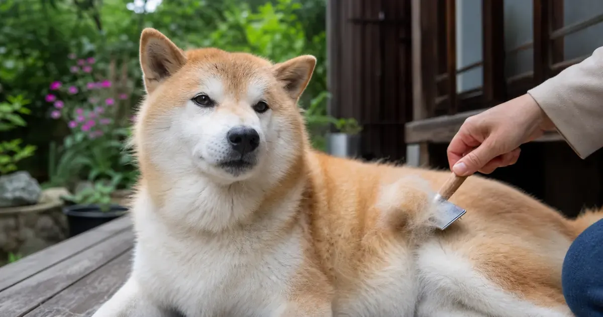 縁側でブラッシングを受けるダブルコートの犬