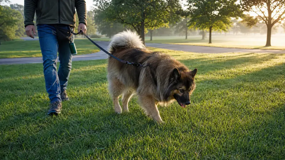 朝の公園を歩くダブルコートの犬