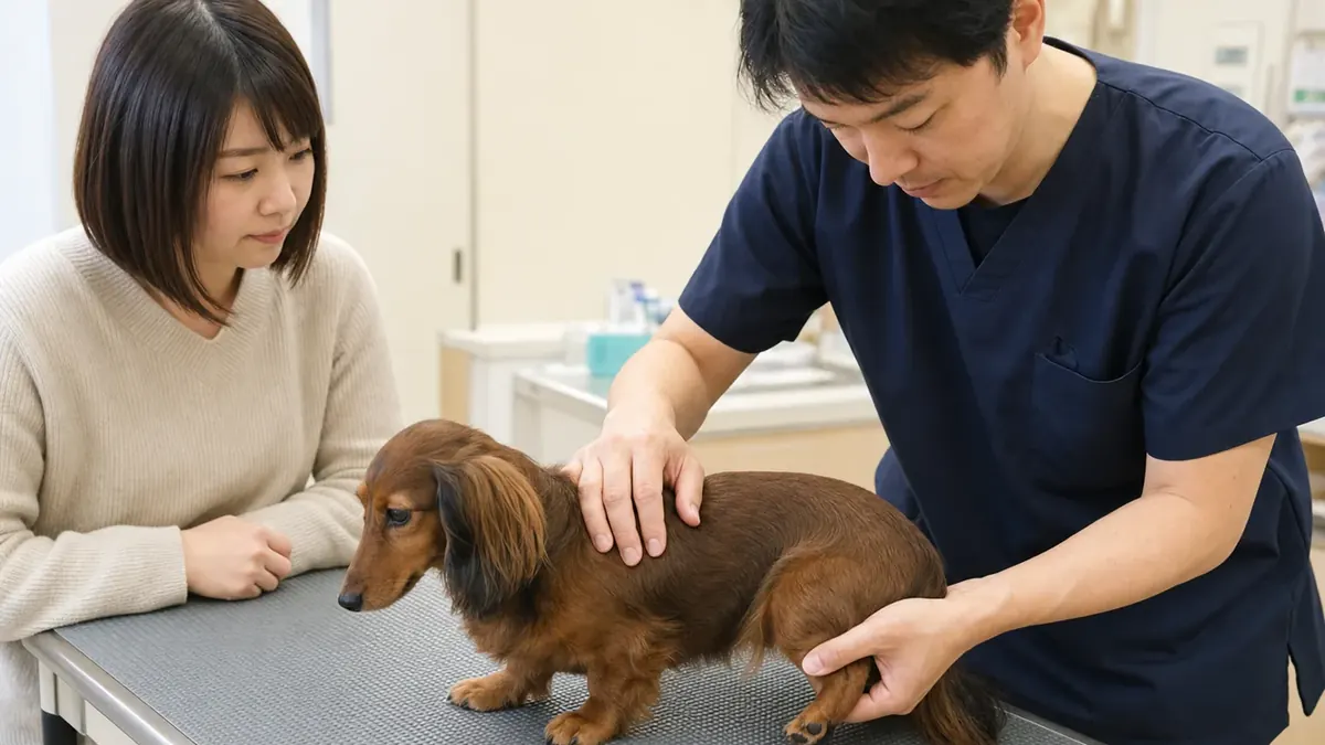 動物病院でダックスフンドの背中と後ろ足を確認する様子