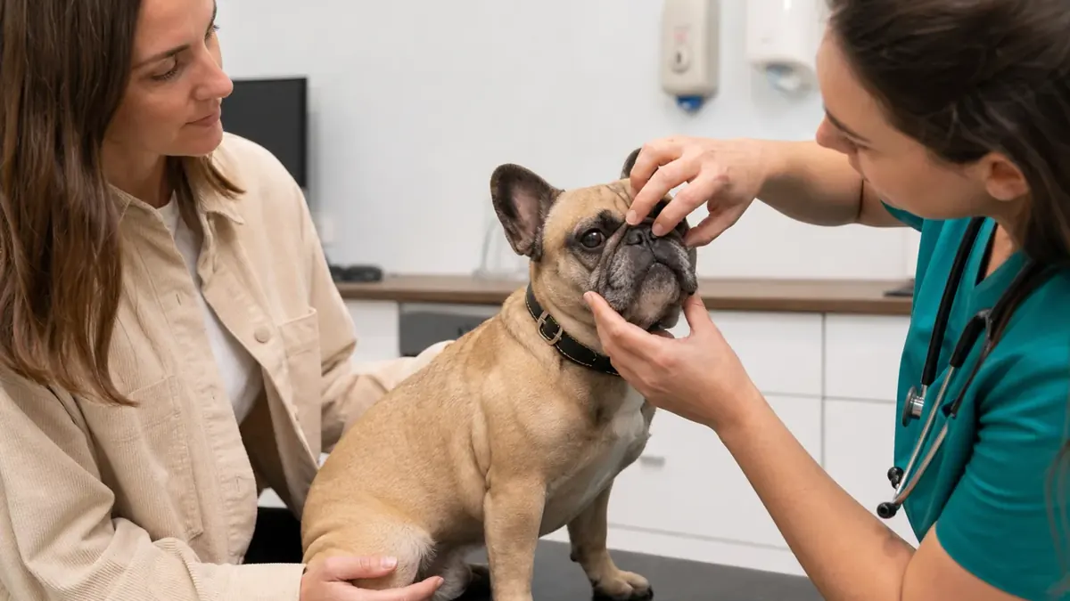 動物病院でフレンチブルドッグの鼻と呼吸を確認する様子