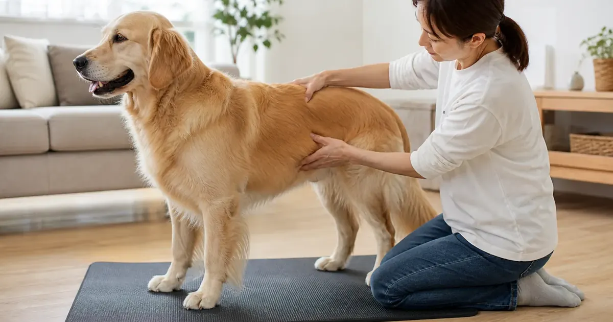 ゴールデンレトリバーの肋骨まわりを触って体型を確認する様子