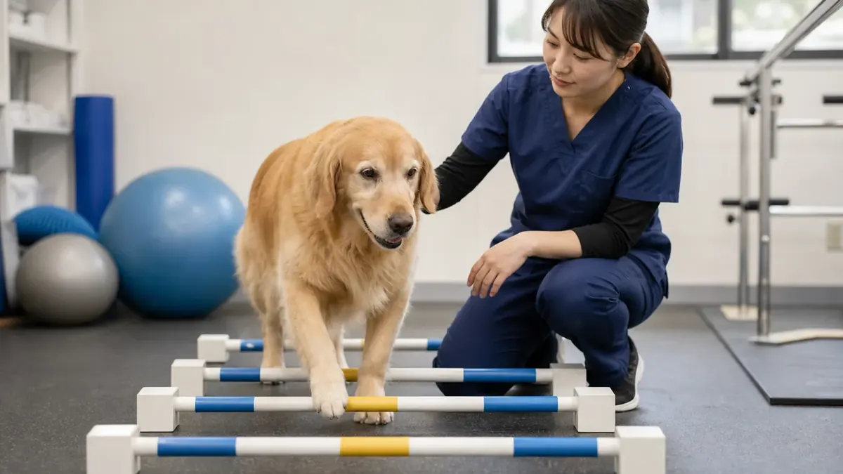ゴールデンレトリバーが低い障害を使って関節にやさしい運動をする様子