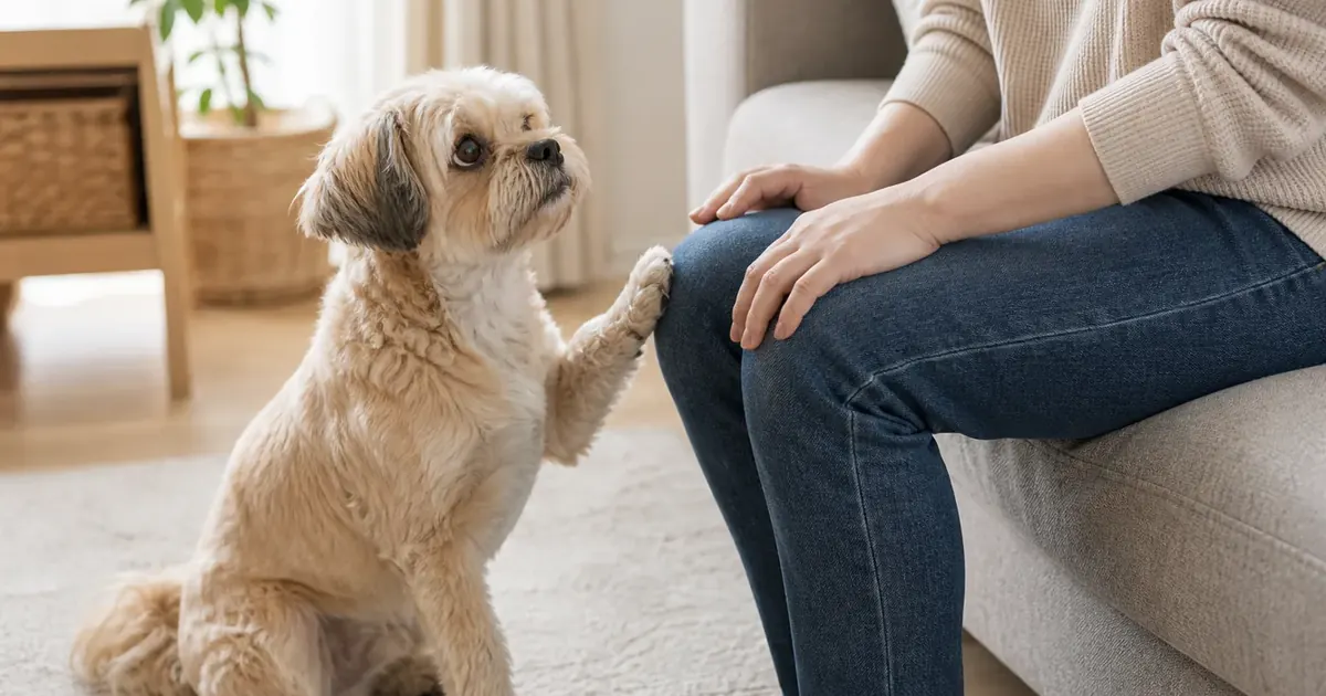 飼い主の膝に前足をそっと置く犬