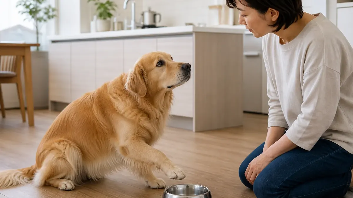 空の水皿の近くで前足を出して知らせる犬