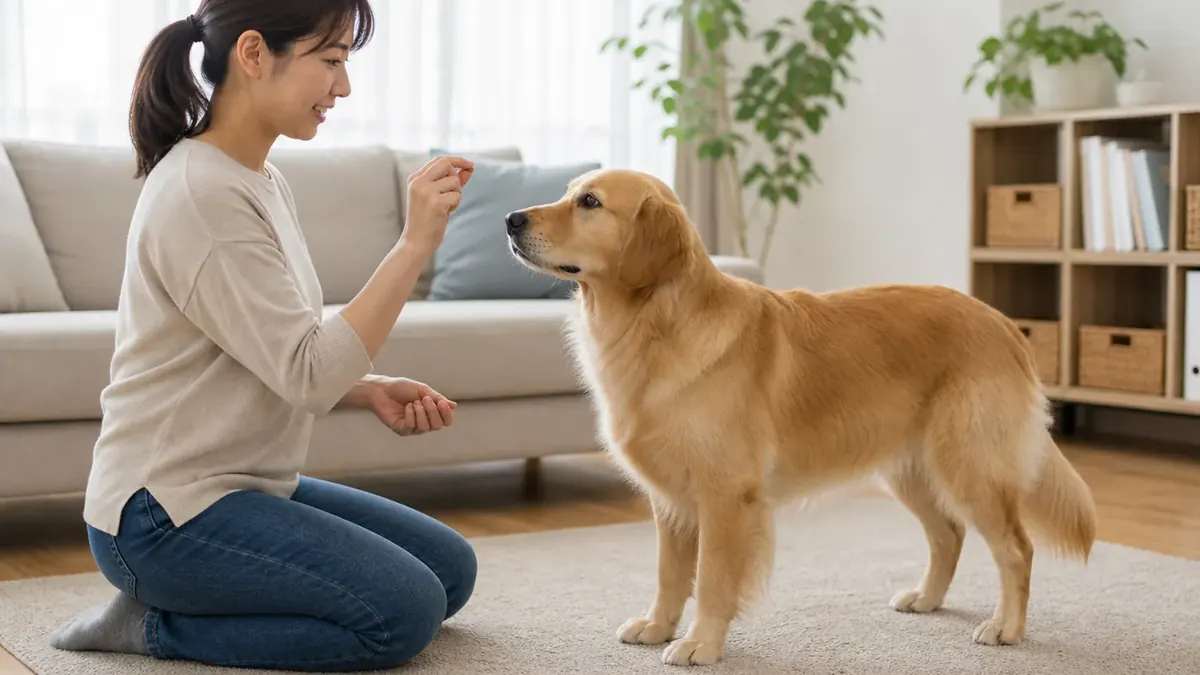前足を床につけて落ち着く練習をする犬
