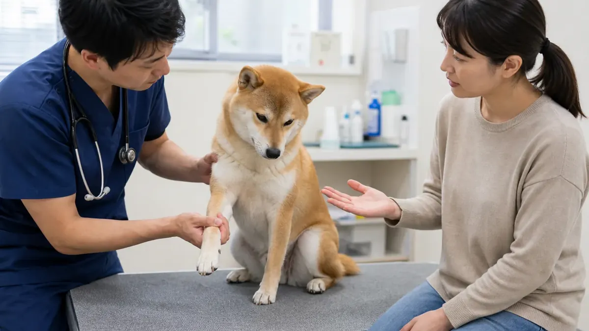 動物病院で犬の前足と肩を確認する様子