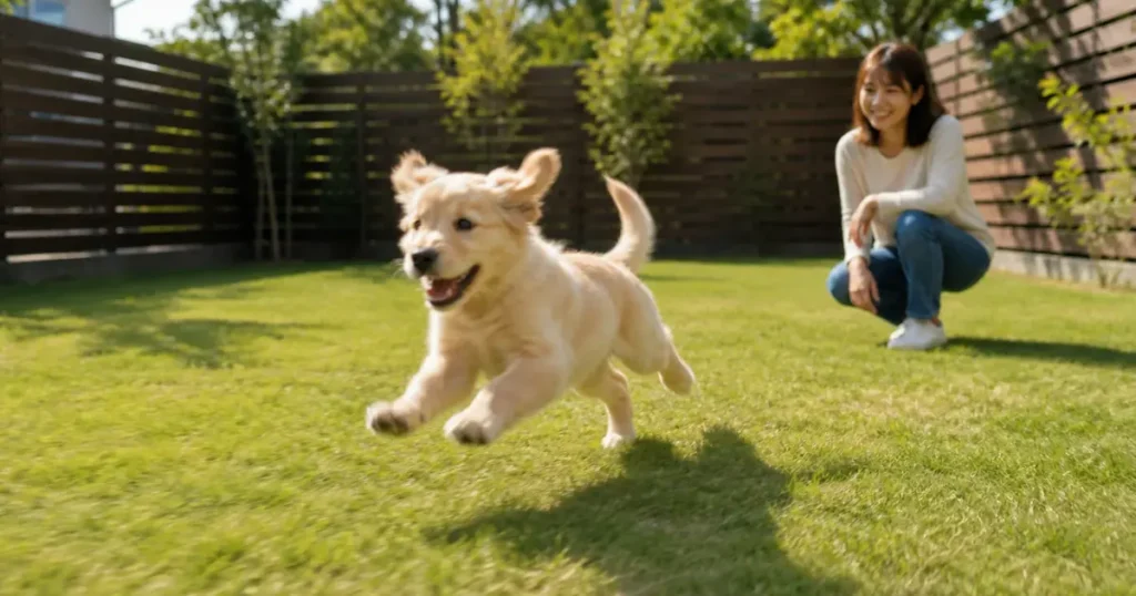安全な庭で急に走り回る犬