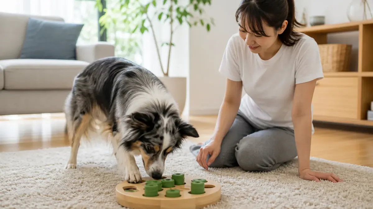 走り回った後に知育トイで落ち着く犬