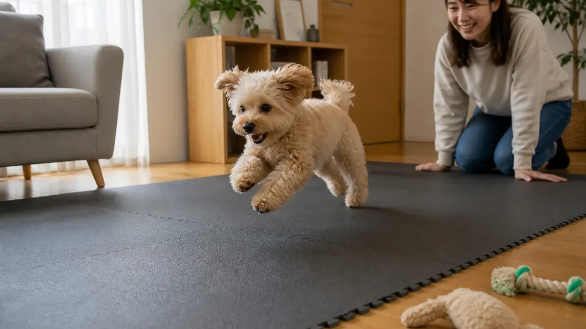 滑りにくいマットの上で安全に走る犬