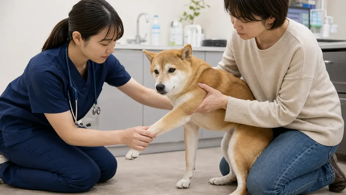急に走り回る様子について動物病院で歩き方を確認する犬