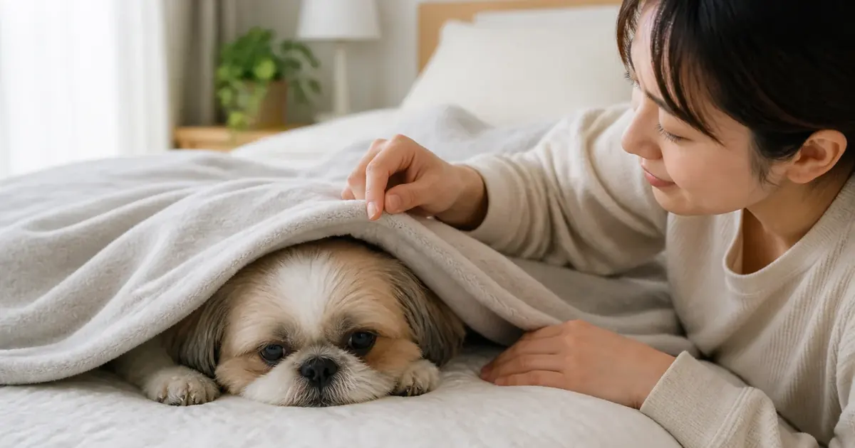 薄い布団にもぐって顔を出して休む犬