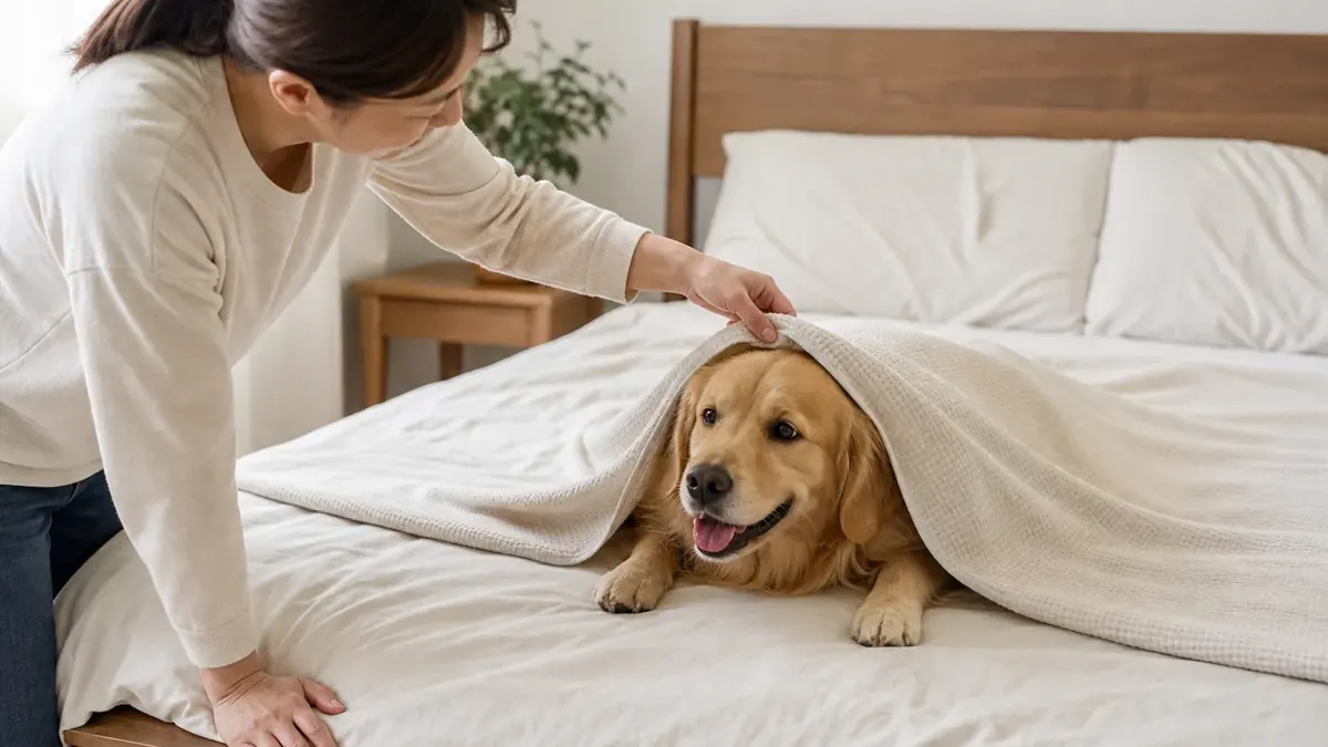 犬が布団から出入りしやすいか飼い主が確認する様子