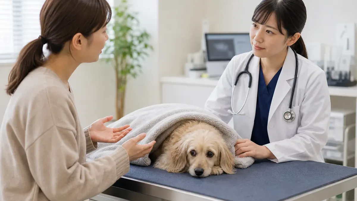 布団にもぐる行動の変化を動物病院で相談する犬と飼い主