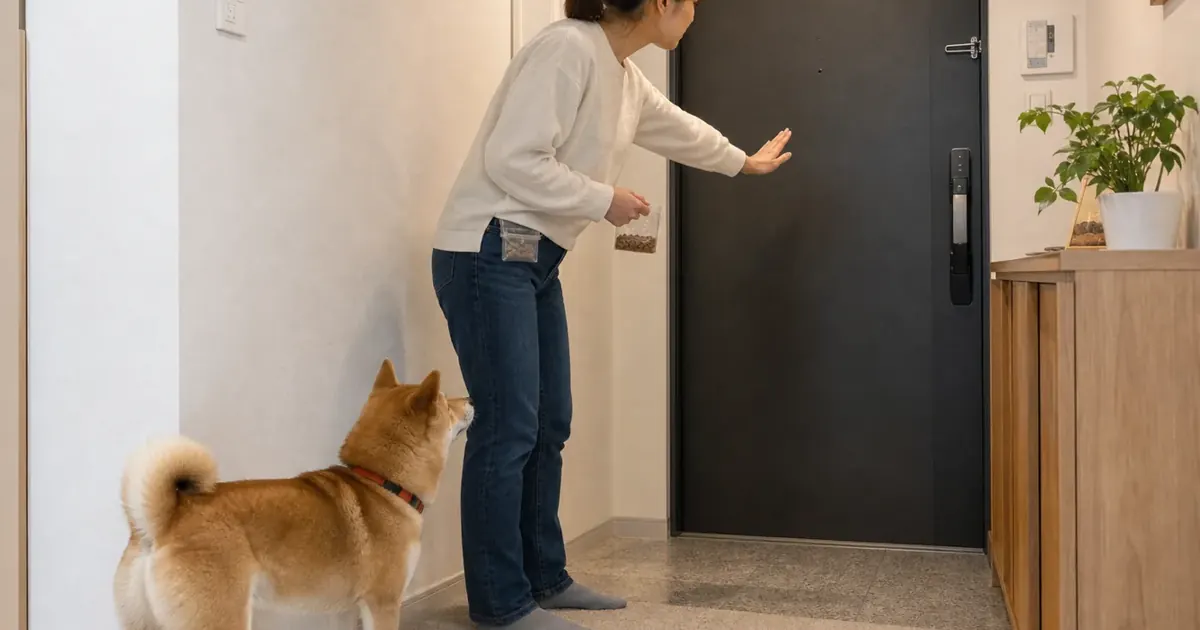 インターホンに吠える犬を飼い主が落ち着いて見守る玄関の様子