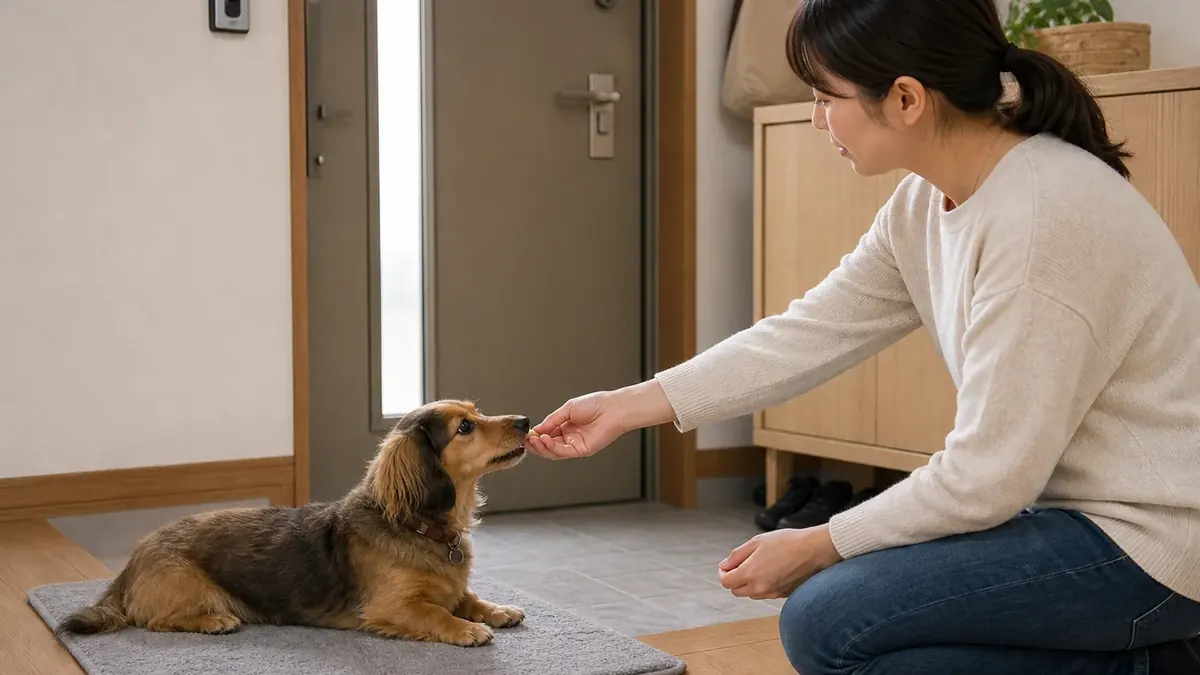 インターホン練習でマットに伏せる犬を褒める飼い主