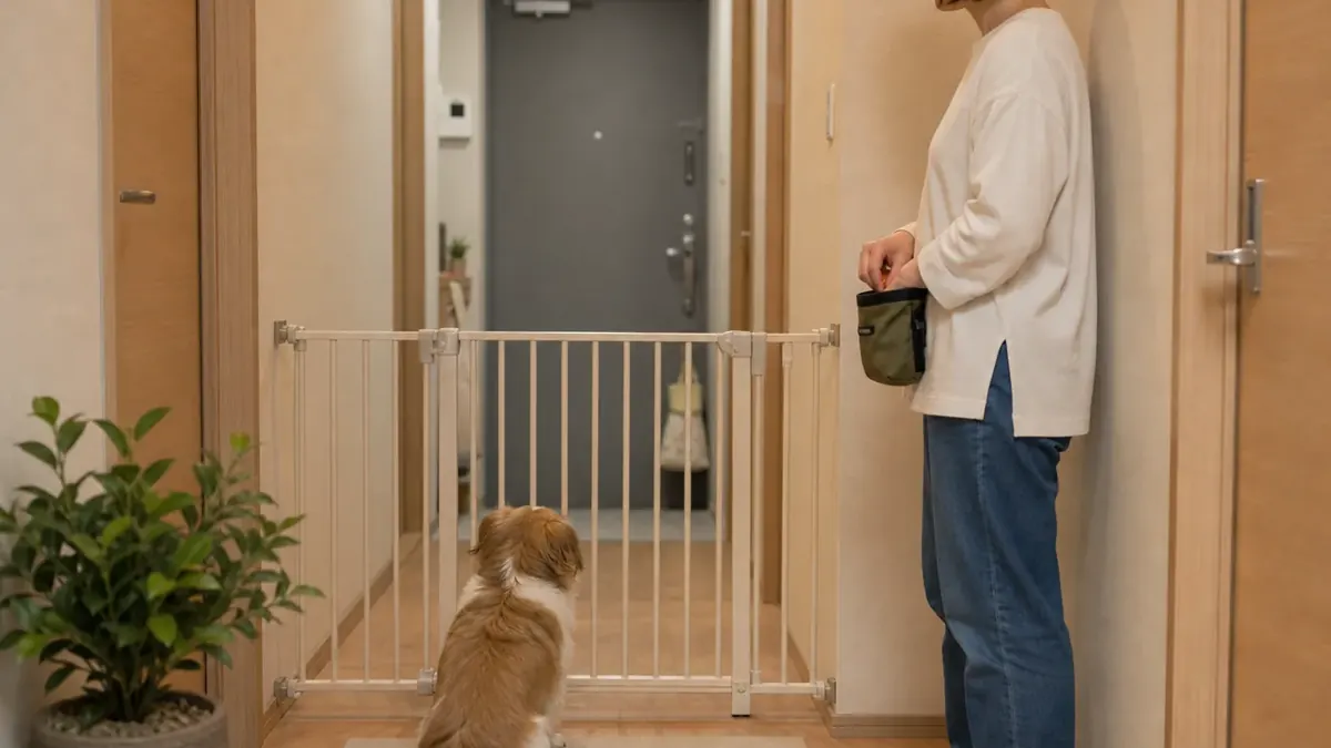 ベビーゲート越しにインターホン音を確認する犬