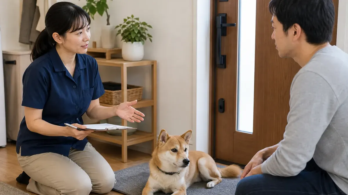 インターホン吠えの対応を専門家に相談する犬と飼い主