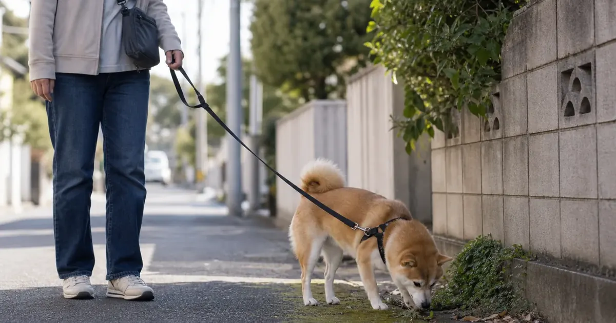 散歩中に立ち止まって地面のにおいを確認する犬