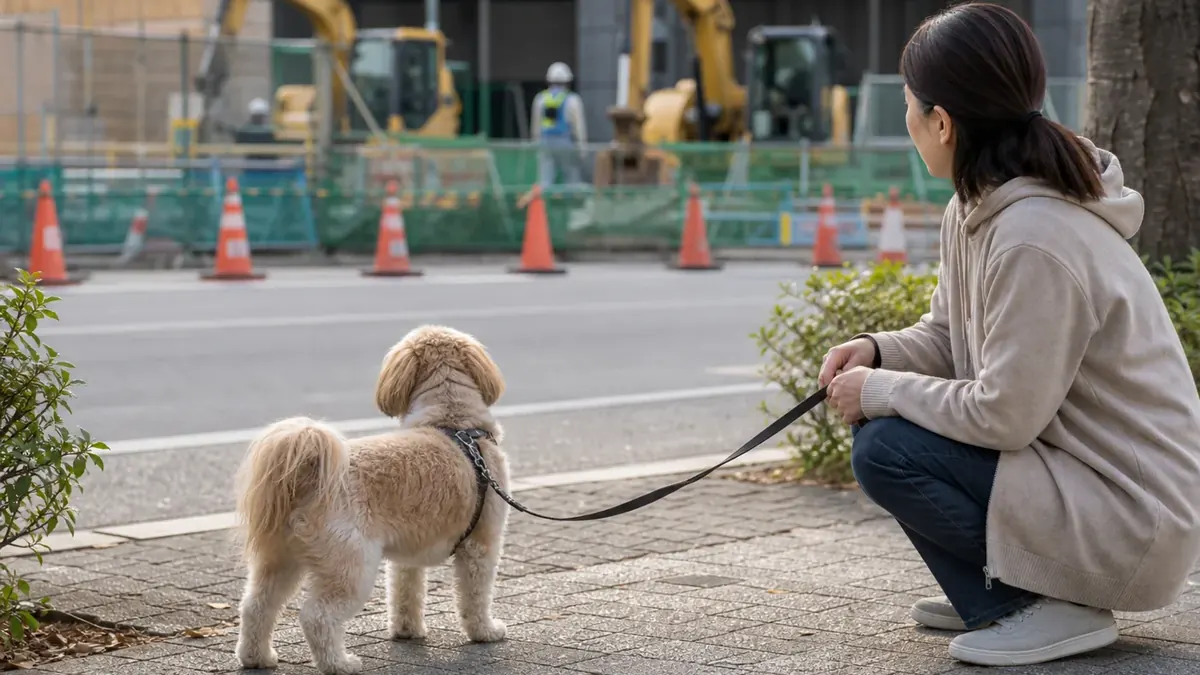 工事音がする場所から距離を取って立ち止まる犬