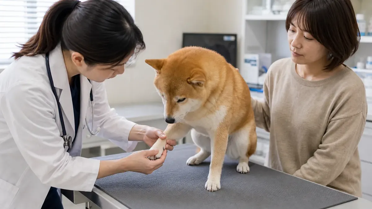 散歩中に止まる理由を動物病院で足先から確認する犬