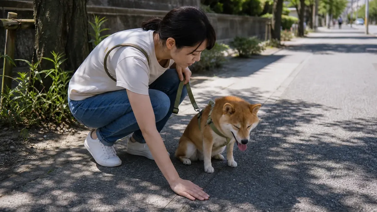 暑い地面を避けて日陰へ移動する犬と飼い主