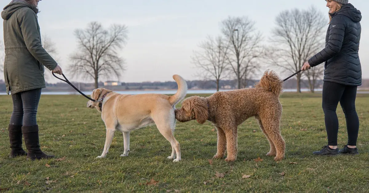 落ち着いた犬同士がお尻を嗅いであいさつする様子