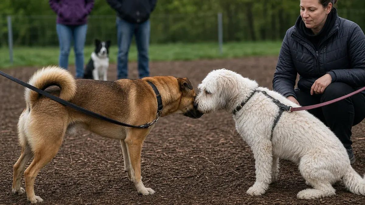 トレーニング場で犬同士のあいさつを見守る飼い主