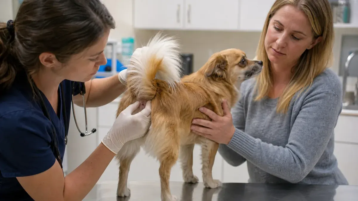 お尻まわりの違和感について動物病院で相談する犬