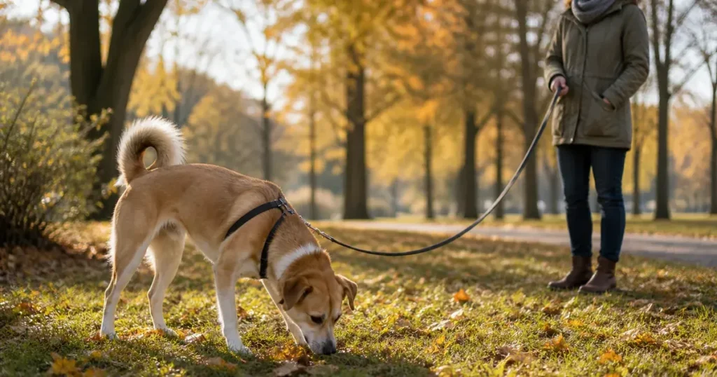 散歩中に落ち葉と草のにおいをゆっくり嗅ぐ犬