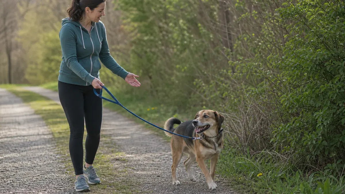 におい嗅ぎの後に飼い主の合図で歩き出す犬