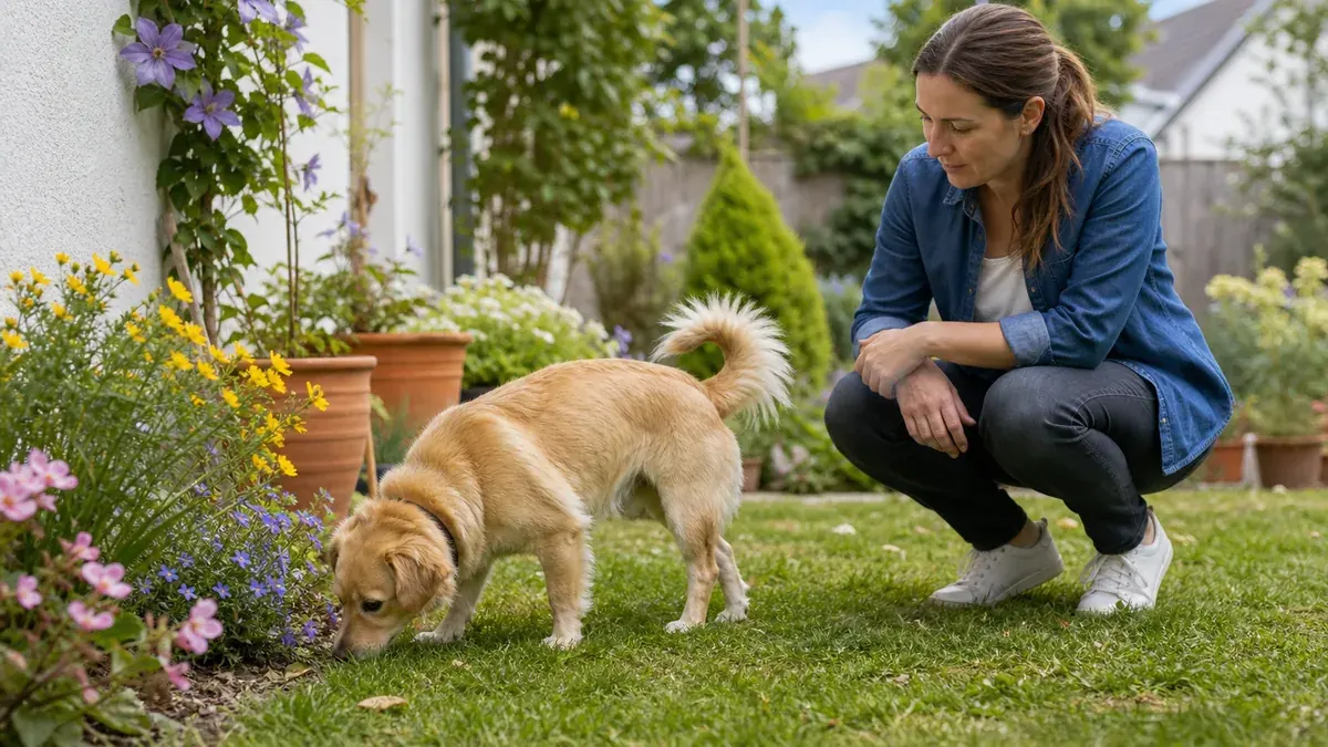 庭でにおいを嗅ぐ犬の様子を観察する飼い主